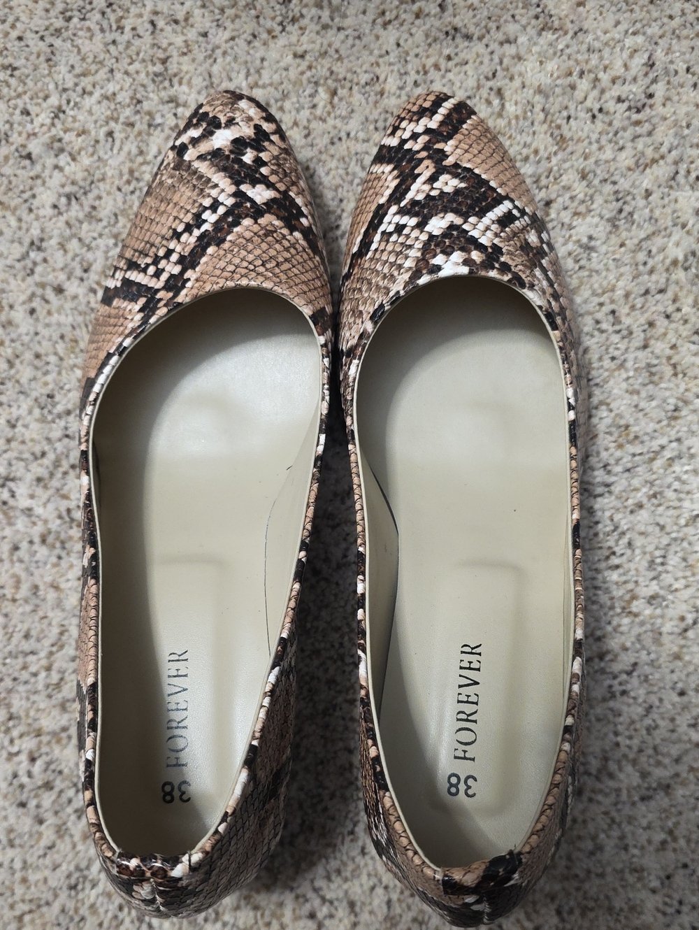 Forever Beige and Brown Snake-Print Pointed Flats